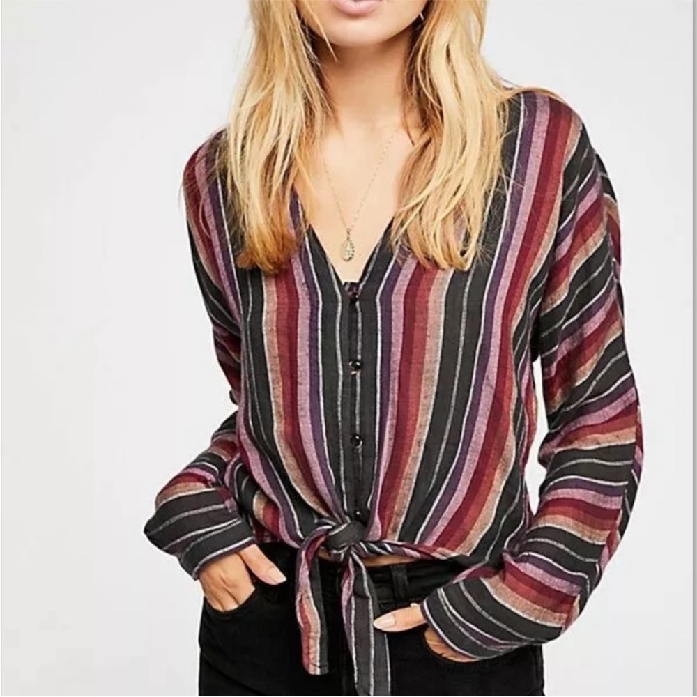 Rails Sloan Brava Stripe linen blend tie front blouse v-neck Size XS